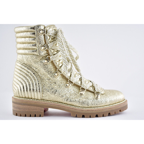 Christian Louboutin Mad Boot Platine Gold Flat Combat Lace Ankle Bootie 35.5 - Picture 2 of 12